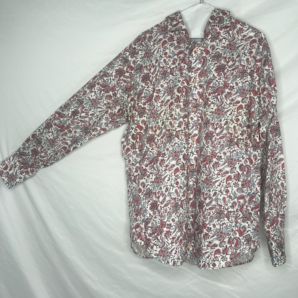 Thomas Dean Men's Dress Shirt with Red and White Pattern